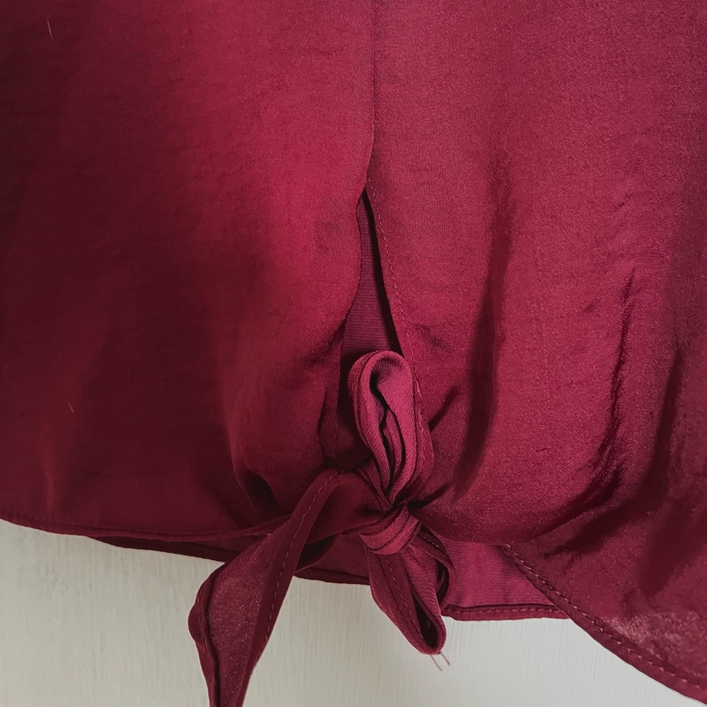 Burgundy/Maroon Button Front Silky Tank Top with Tie Front Detail - Picture 4 of 4